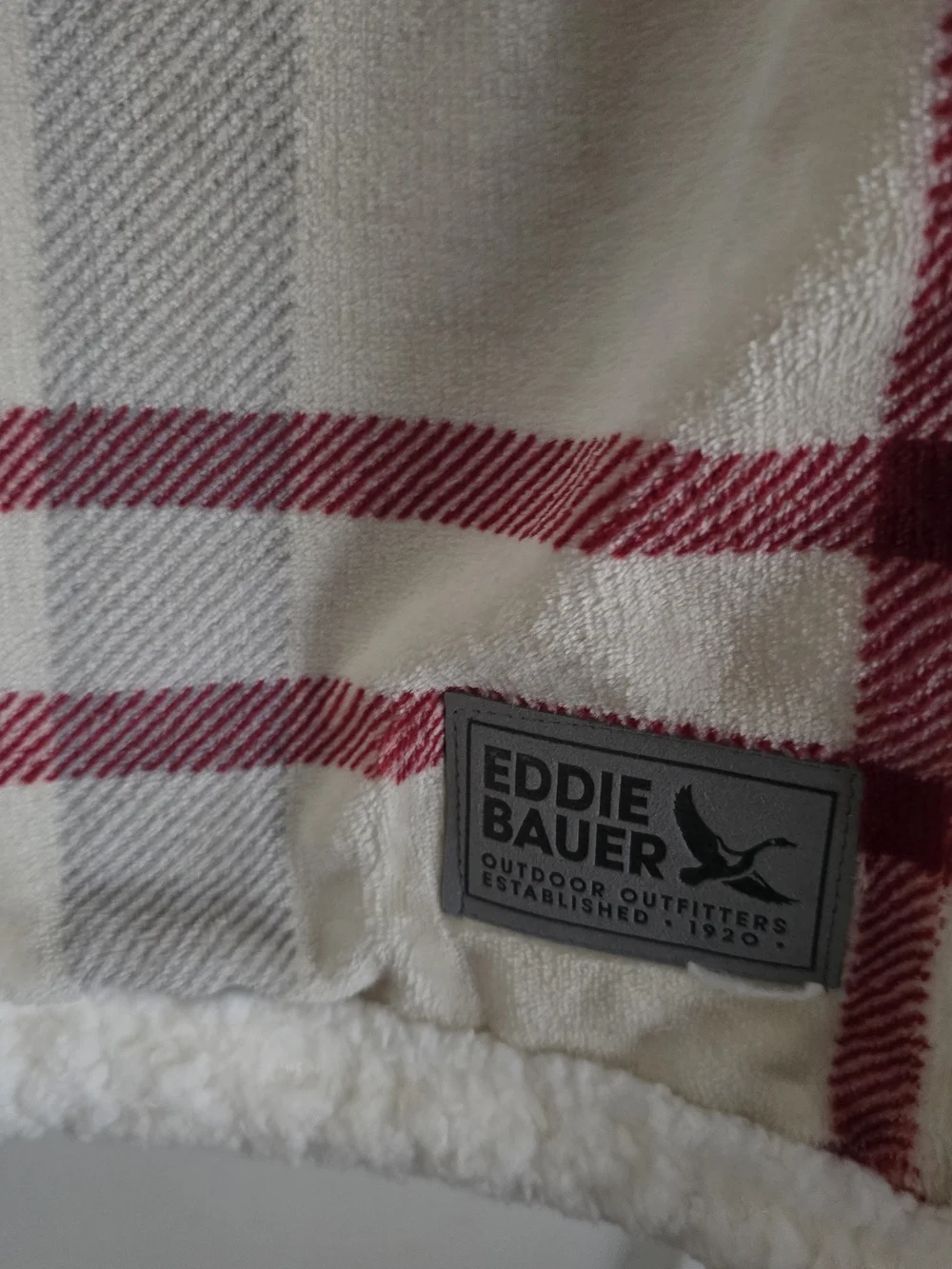 Eddie Bauer Cream Plaid Sherpa Throw with Red Accents